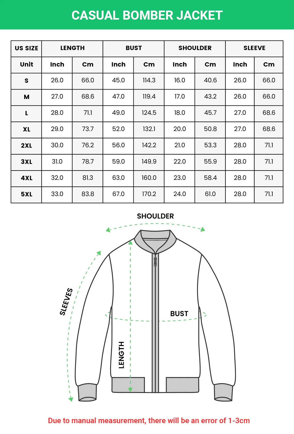 casual bomber jacket size chart